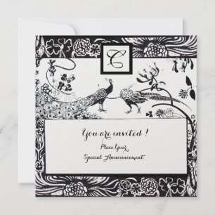 Hochzeit Liebesvögel Monogramm Schwarz, Weiße Perl Einladung