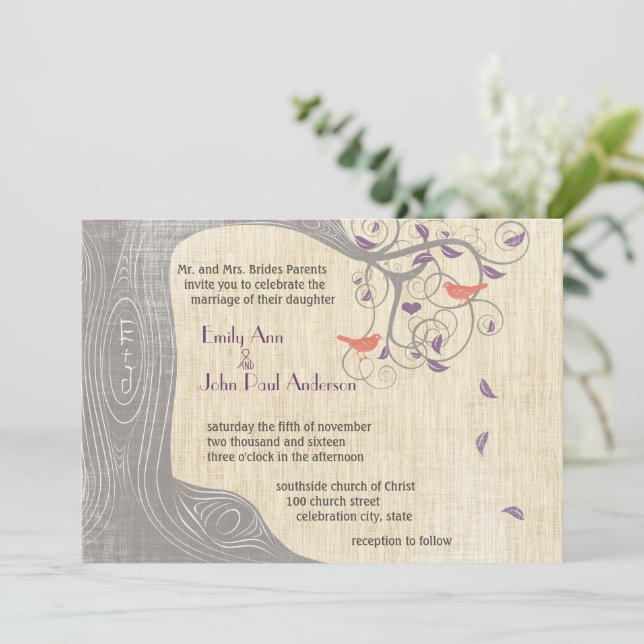 Hochzeit Lila Baumkorallen Einladung (Stehend Vorderseite)