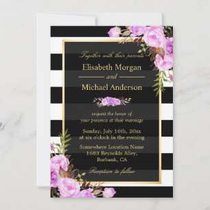 Hochzeit Lila Blumengoldstreifen Schwarz-weiß Einladung