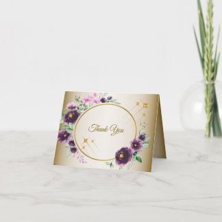 Hochzeit Lila Rosa Blumen Grün Blätter Golden Dankeskarte