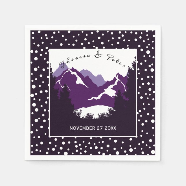 Hochzeit lila, weißer Berge und Polka Serviette (Vorderseite)