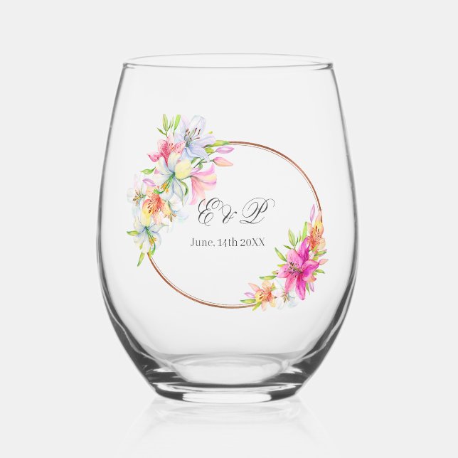 Hochzeit.Lilien und Vögel Wasserfarbe Weinglas Ohne Stiel (Vorderseite)