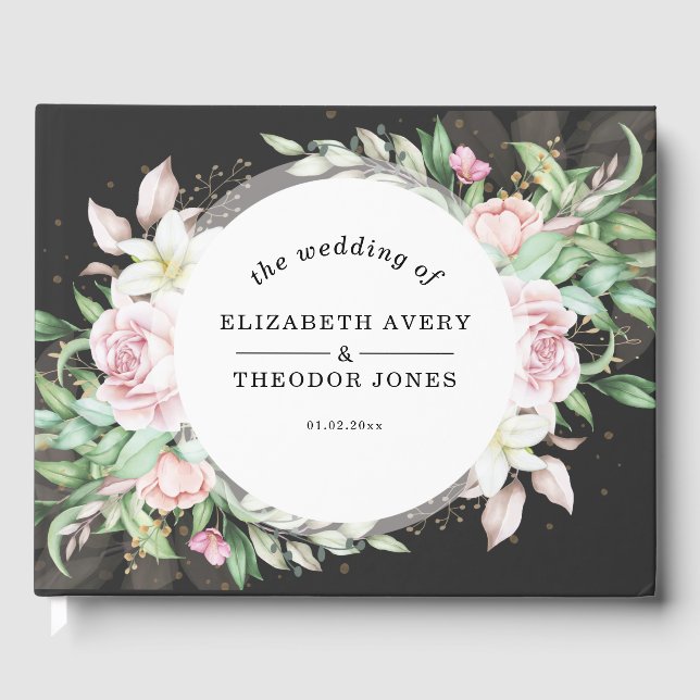 Hochzeit Luxus Schwarz Rosa Floral Gästebuch (Vorderseite)