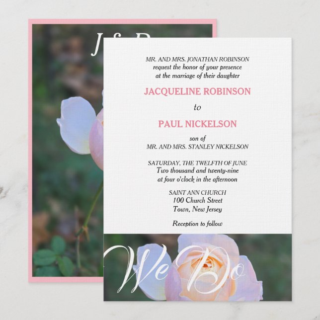Hochzeit machen wir Monogramm Pastellrosa Rose Einladung (Vorne/Hinten)