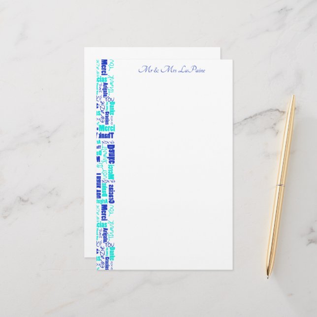 Hochzeit mehrsprachig Vielen Dank Typografie Borde Briefpapier (Vorderseite/Rückseite Beispiel)