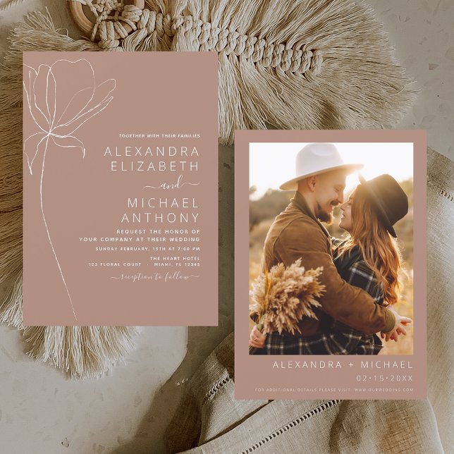 Hochzeit Minimalistisch Terracotta Foto Floral Einladung (Von Creator hochgeladen)