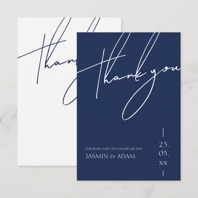 Hochzeit Minimalistischer Navy-Script-Typografie Dankeskarte (Vorne/Hinten)