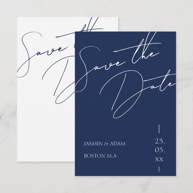 Hochzeit Minimalistischer Navy-Script-Typografie Save The Date (Vorne/Hinten)