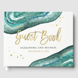 Hochzeit mit Aquamariner Wasserfarbe und Goldgeode Gästebuch