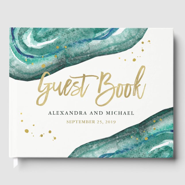 Hochzeit mit Aquamariner Wasserfarbe und Goldgeode Gästebuch (Vorderseite)