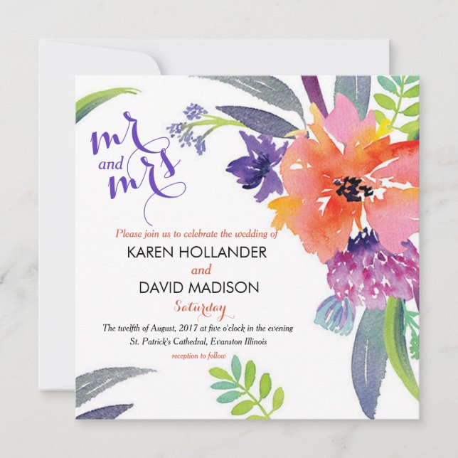Hochzeit mit Aquarellblumen Einladung (Vorderseite)
