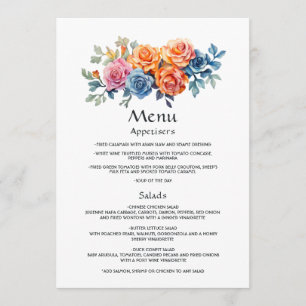 Hochzeit mit Blau, Rosa, Orange und grüner Blüte Menükarte