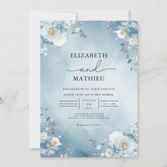 Hochzeit mit blauem Blumenstrauß Einladung (Vorderseite)