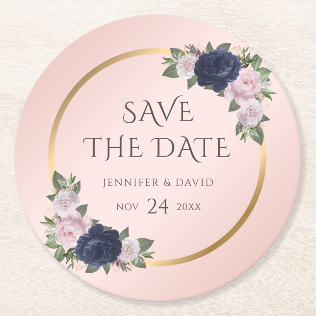 Hochzeit mit blauem Gold für Navy - Blush rettet d Runder Pappuntersetzer (Vorderseite)