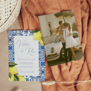 Hochzeit mit blauem Mittelmeer Tile und Zitrusfrüc Einladung