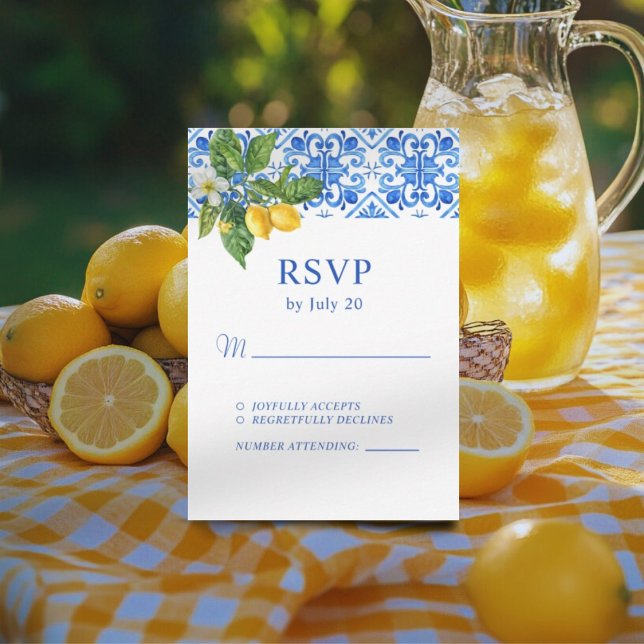 Hochzeit mit blauen Kacheln und Zitronen RSVP Karte (Von Creator hochgeladen)
