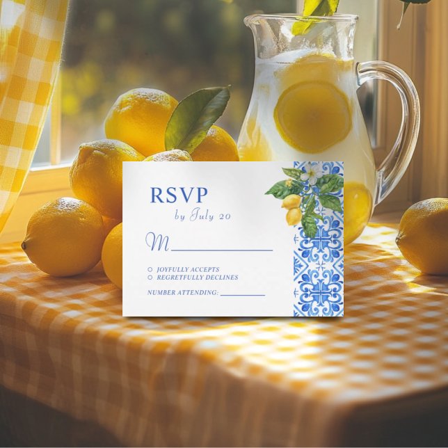 Hochzeit mit blauen Kacheln und Zitronen RSVP Karte (Von Creator hochgeladen)