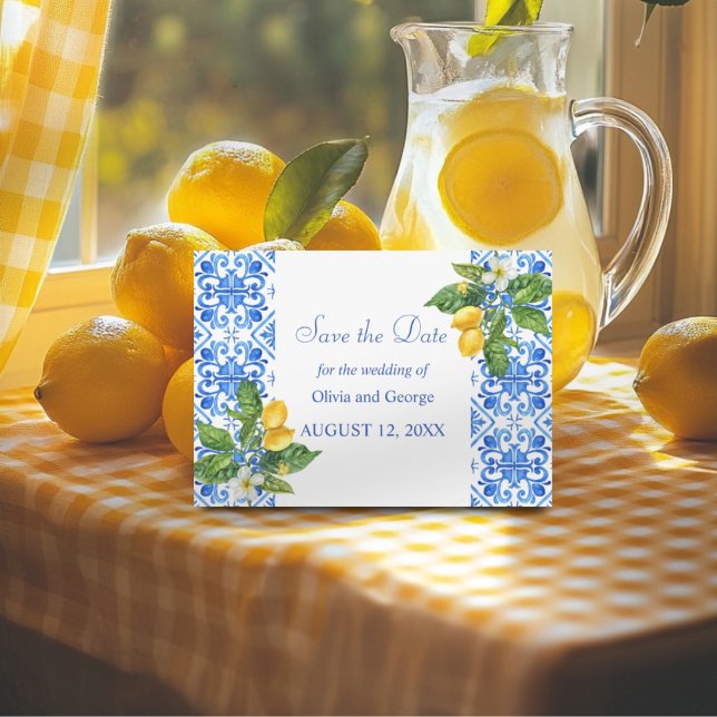 Hochzeit mit blauen Kacheln und Zitronen Save The Date (Von Creator hochgeladen)