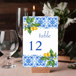 Hochzeit mit blauen Kacheln und Zitronen Tischnummer