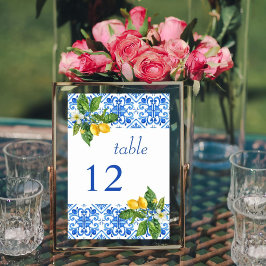 Hochzeit mit blauen Kacheln und Zitronen Tischnummer