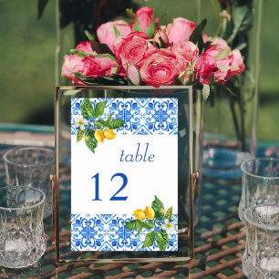 Hochzeit mit blauen Kacheln und Zitronen Tischnummer