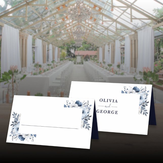 Hochzeit mit Blauen und Weißen Eleganten Platzkarte (Navy Blue and White Elegant Floral Wedding Place Card)