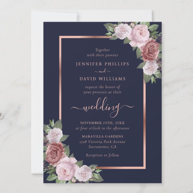 Hochzeit mit Blauer Blüte Rose Gold Floral Einladung (Vorderseite)