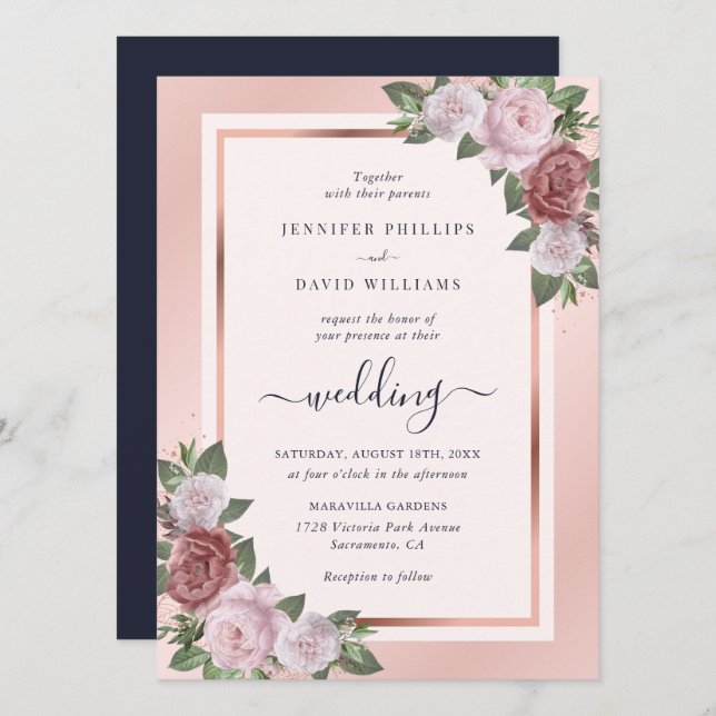 Hochzeit mit Blauer Blüte Rose Gold Floral Einladung (Vorne/Hinten)