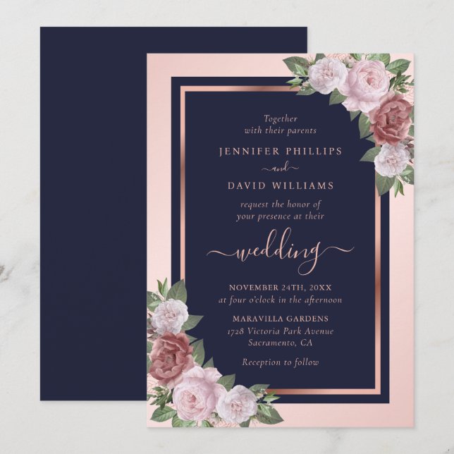 Hochzeit mit Blauer Blüte Rose Gold Floral Einladung (Vorne/Hinten)