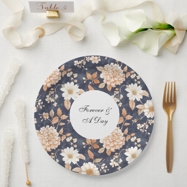 Hochzeit mit Blauer Creme Peach Floral Pappteller (Hochzeit)