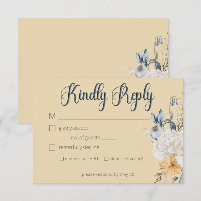 Hochzeit mit blauer Gelbfärbung und weißer Blüte RSVP Karte (Vorne/Hinten)