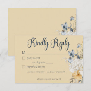Hochzeit mit blauer Gelbfärbung und weißer Blüte RSVP Karte