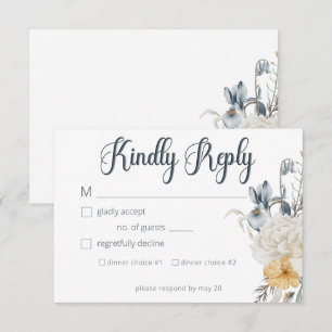 Hochzeit mit blauer Gelbfärbung und weißer Blüte RSVP Karte