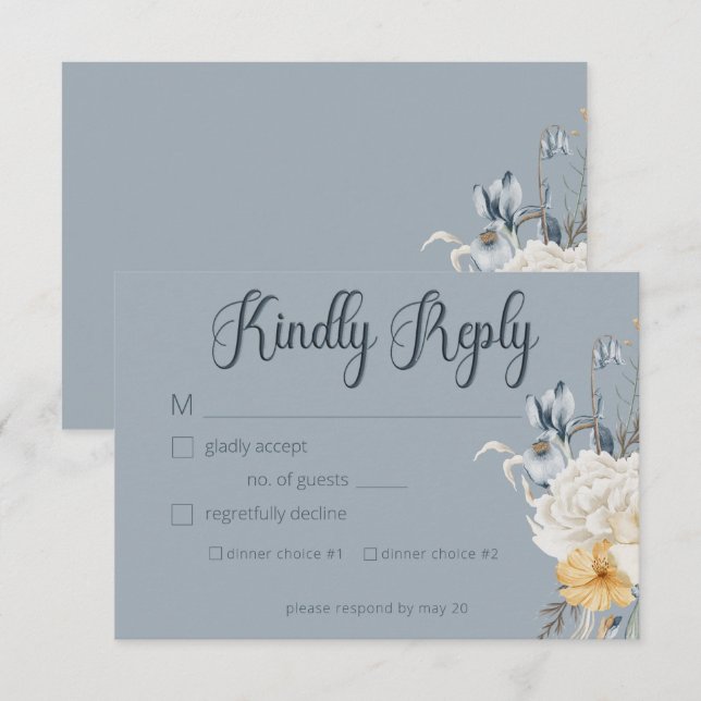 Hochzeit mit blauer Gelbfärbung und weißer Blüte RSVP Karte (Vorne/Hinten)