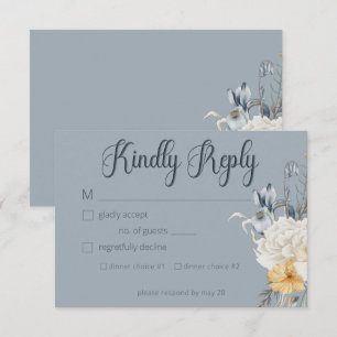 Hochzeit mit blauer Gelbfärbung und weißer Blüte RSVP Karte