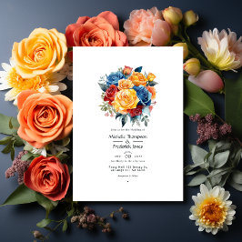 Hochzeit mit Blauer, Orange, Gelb und Roter Flora Einladung