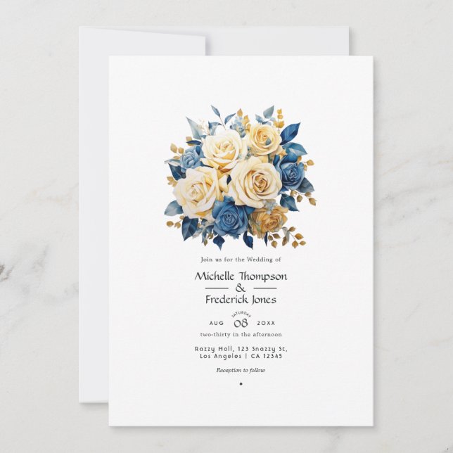 Hochzeit mit Blauer und Gold Einladung (Vorderseite)