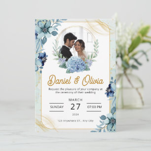 Hochzeit mit Blauer und Weiß-Blütenblütenblüte nac Einladung