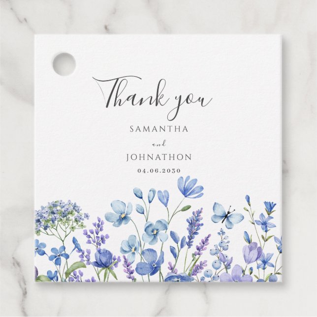 Hochzeit mit blauer Wildblume Geschenkanhänger (Vorderseite)