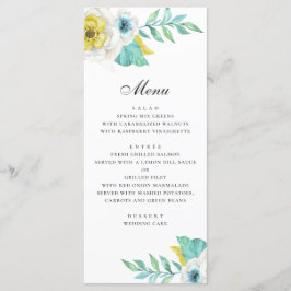Hochzeit mit blühendem Brauchtum in Aquarellblau Menükarte