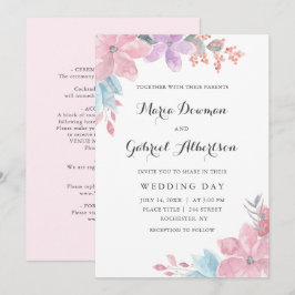 Hochzeit mit Blumen in Aquarellfarbe. Blauer Garte Einladung
