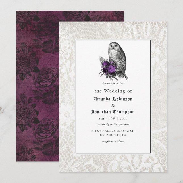 Hochzeit mit Blumen und Spitzen Gotik Einladung (Vorne/Hinten)