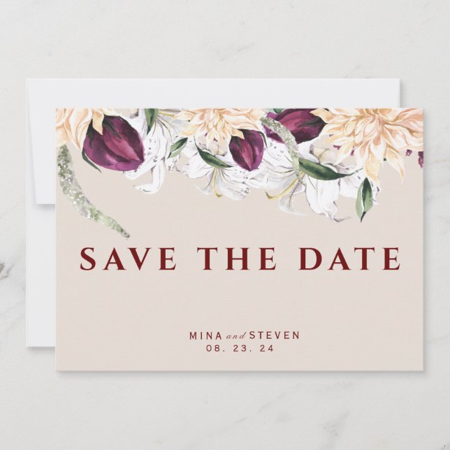 Hochzeit mit botanischem Rot-Weiß-Blumen Save The Date (Vorderseite)