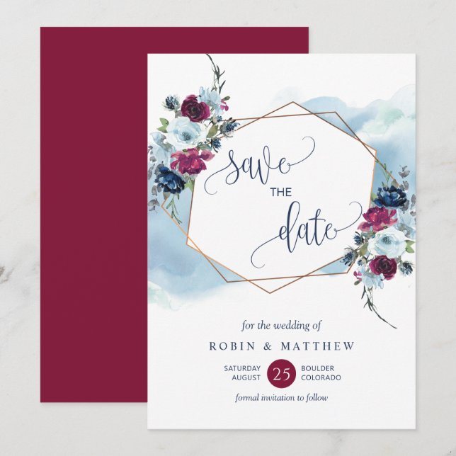 Hochzeit mit Burgund, Berry und Blauer Flora Save The Date (Vorne/Hinten)