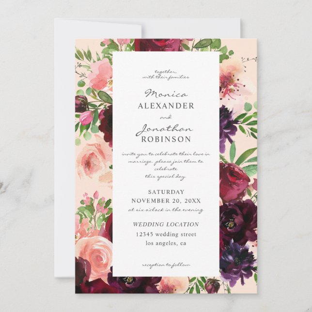Hochzeit mit Burgund & Blush-Floral auf Pink V2 Einladung (Vorderseite)