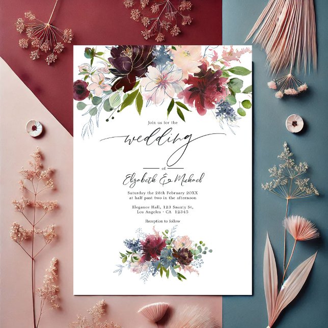 Hochzeit mit Burgund, Blüte und duftiger Blauer Fl Einladung (Burgundy, Blush, and Dusty Blue Floral Wedding Invitation)