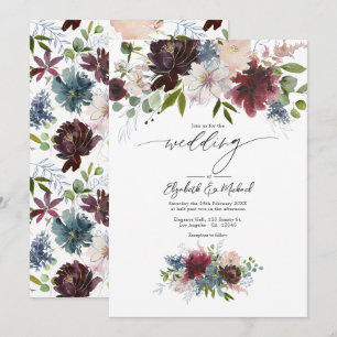 Hochzeit mit Burgund, Blüte und duftiger Blauer Fl Einladung