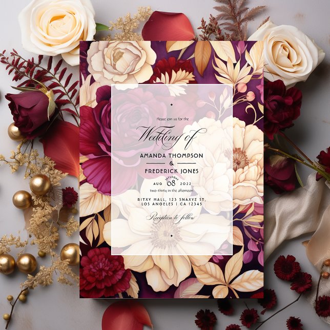 Hochzeit mit Burgund, Gold und Elfenbeinblumen Einladung (Von Creator hochgeladen)