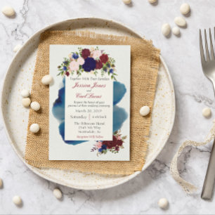 Hochzeit mit Burgund-Navy-Floral-Wasserfarbe Einladung