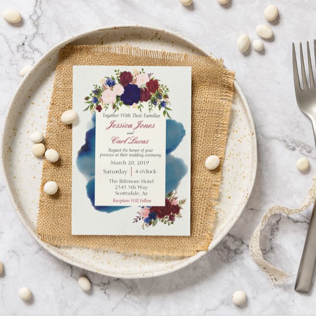 Hochzeit mit Burgund-Navy-Floral-Wasserfarbe Einladung (Von Creator hochgeladen)
